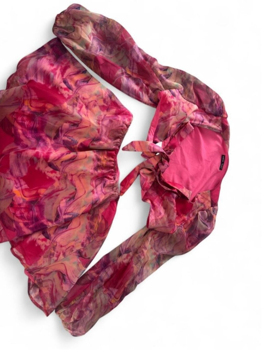 Women's Pink Printed Sheer Tie-Front Blouse